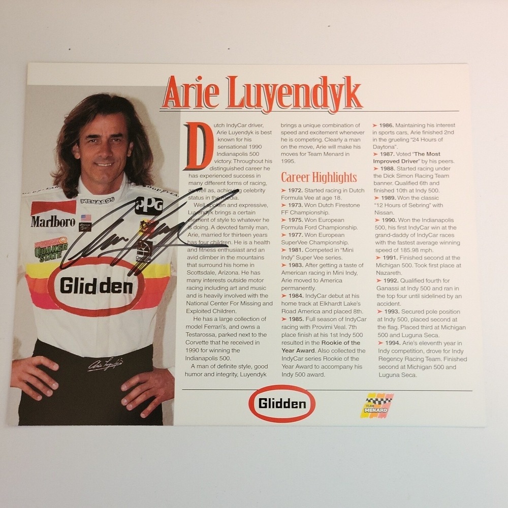 ARIE LUYENDYK SIGNED AUTOGRAPHED 8x10 PHOTO INDY 500 RACING LEGEND